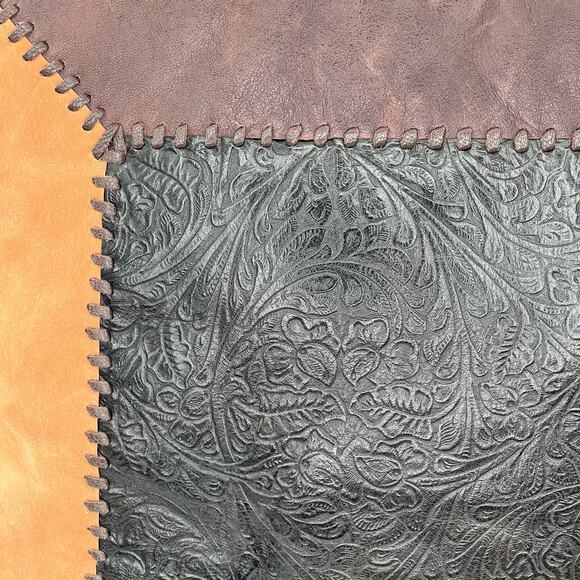 Vintage tooled patchwork leather suede 17” square pillow - Picture 2 of 6